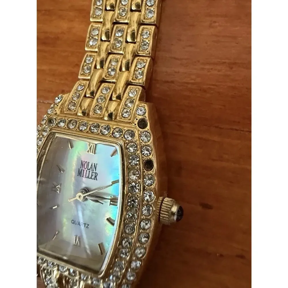 Nolan Miller Glamour Collection Crystal Gold Tone Bracelet Watch Mother Of Pearl